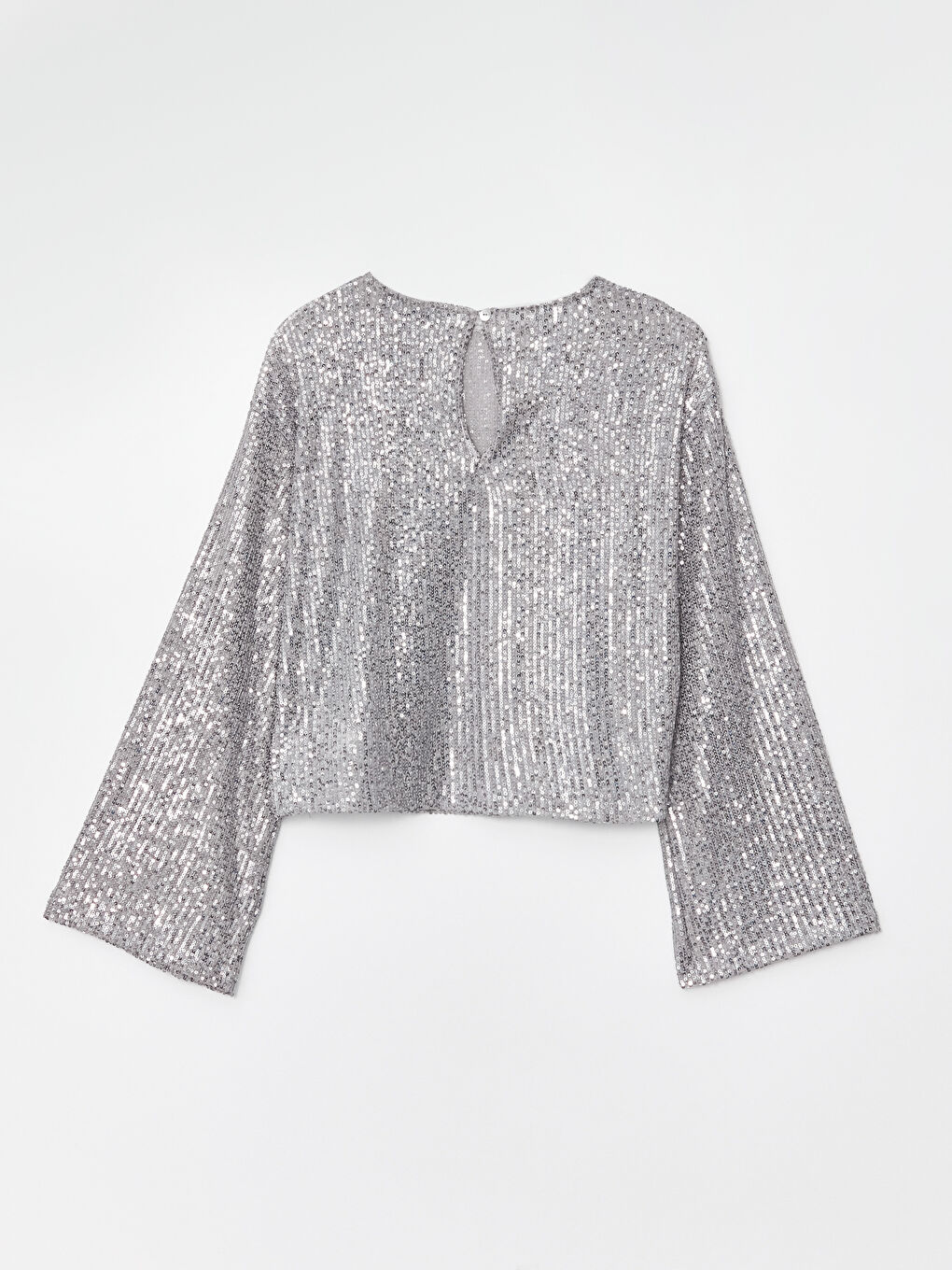 Gri Bisiklet Yaka Pul Payet İşlemeli Uzun Kollu Kadın Bluz-10