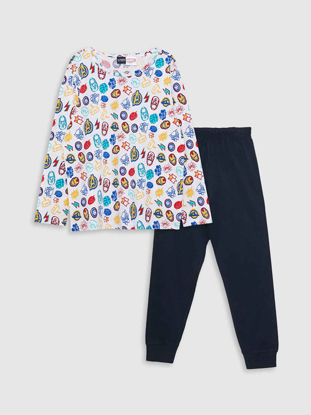 Beyaz Bisiklet Yaka Marvel Baskılı Uzun Kollu Erkek Çocuk Pijama Takımı