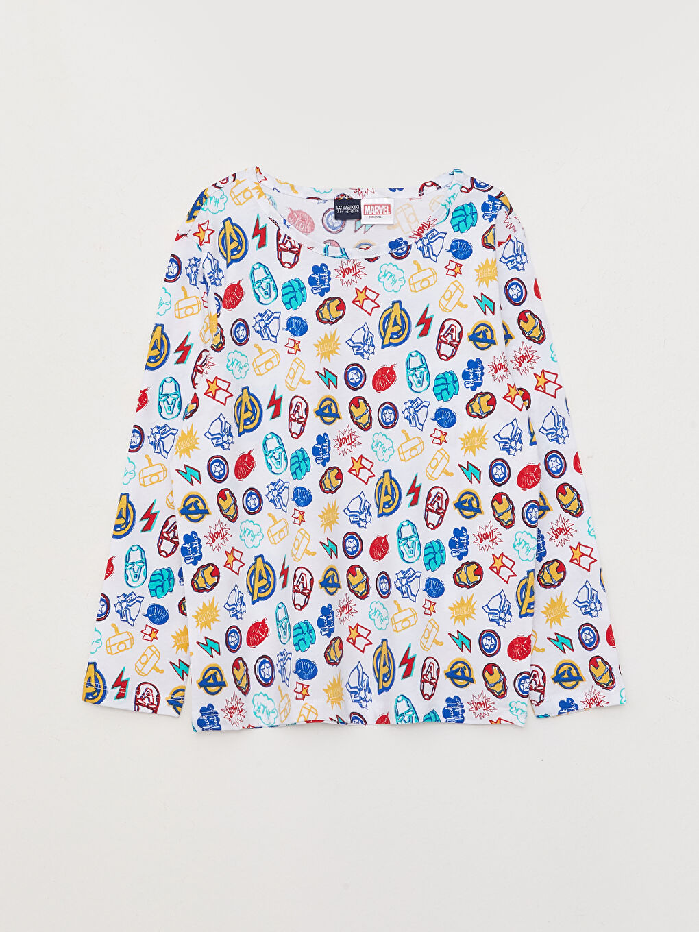 Beyaz Bisiklet Yaka Marvel Baskılı Uzun Kollu Erkek Çocuk Pijama Takımı-1