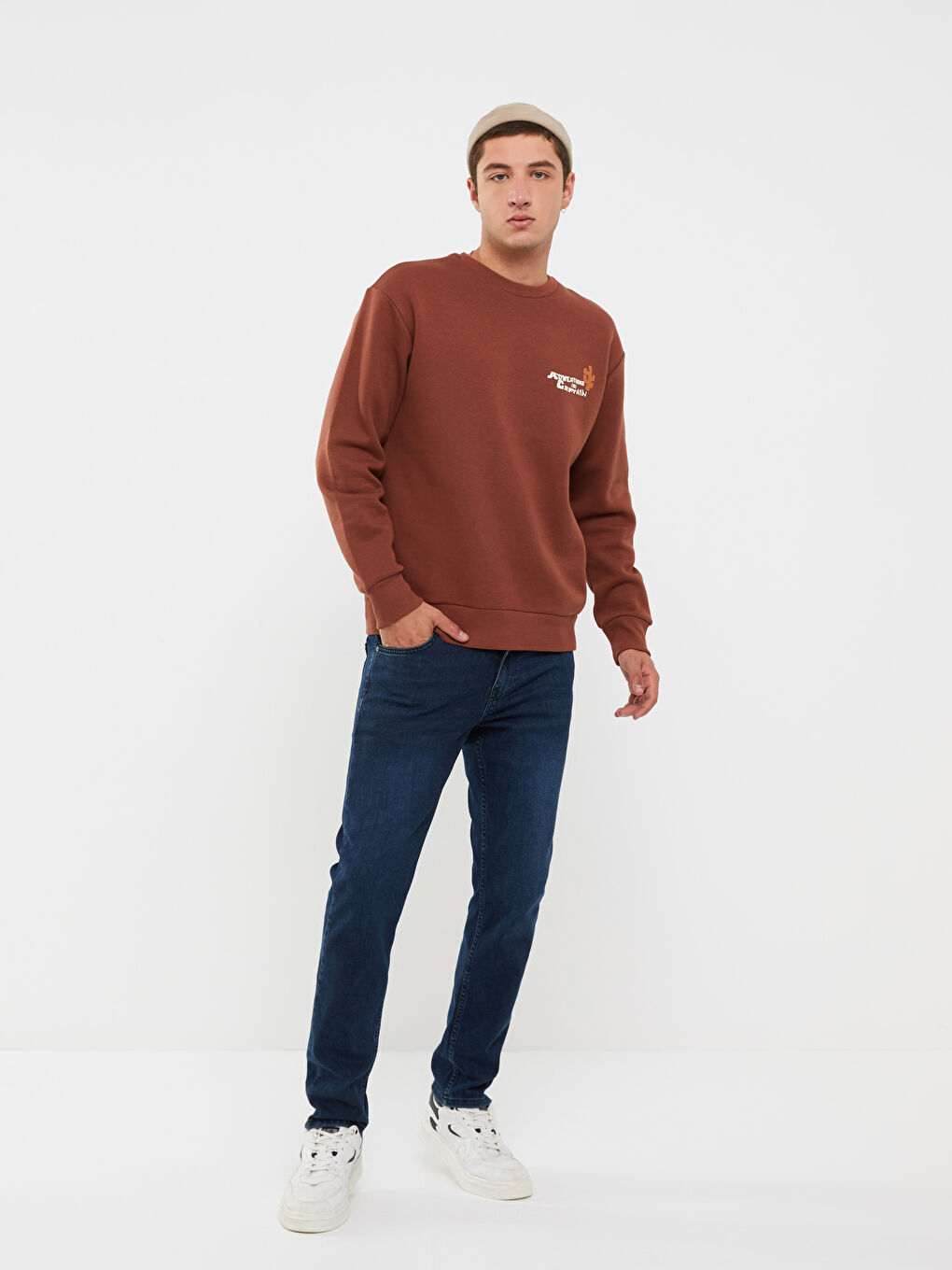 XSIDE Kahverengi Bisiklet Yaka Uzun Kollu Baskılı Erkek Sweatshirt - 1