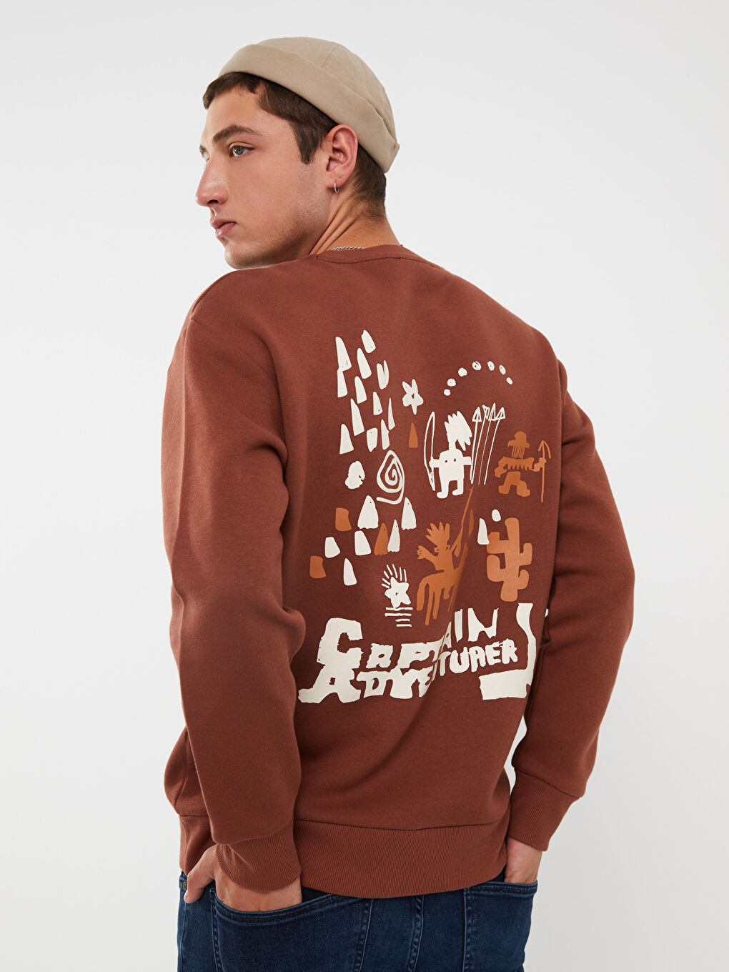 XSIDE Kahverengi Bisiklet Yaka Uzun Kollu Baskılı Erkek Sweatshirt - 2