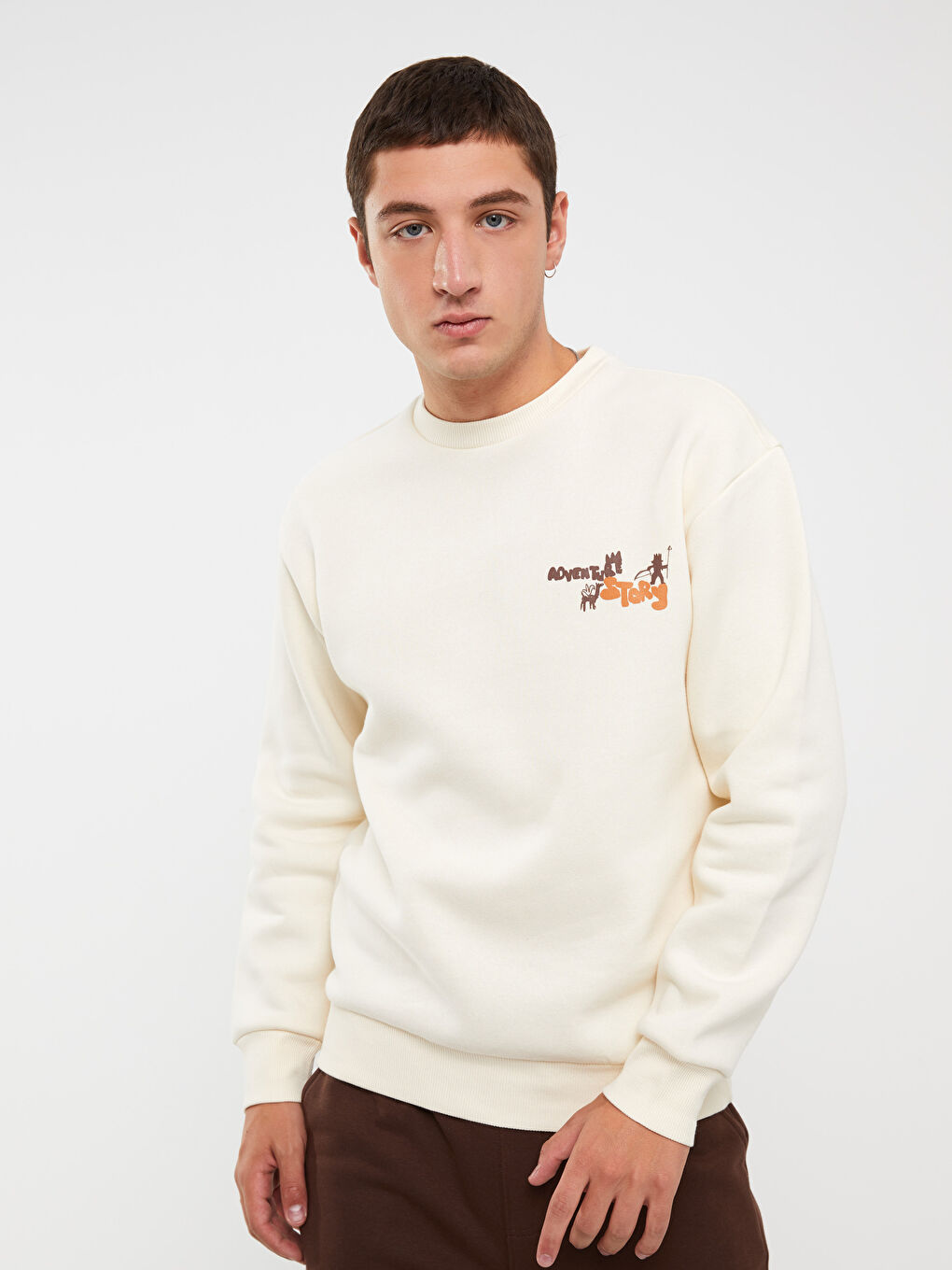 XSIDE Ekru Bisiklet Yaka Uzun Kollu Baskılı Erkek Sweatshirt