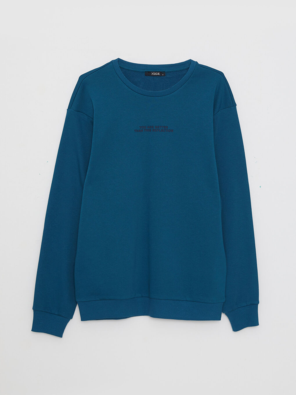 Petrol Bisiklet Yaka Baskılı Erkek Kalın Sweatshirt-5