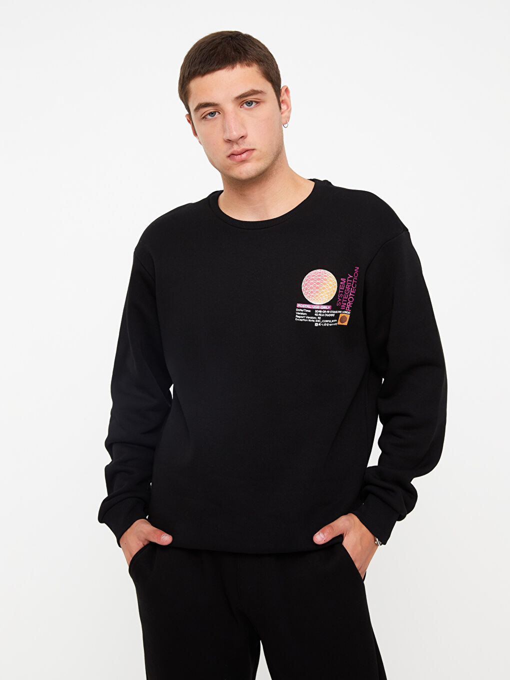 XSIDE Siyah Bisiklet Yaka Uzun Kollu Baskılı Erkek Kalın Sweatshirt