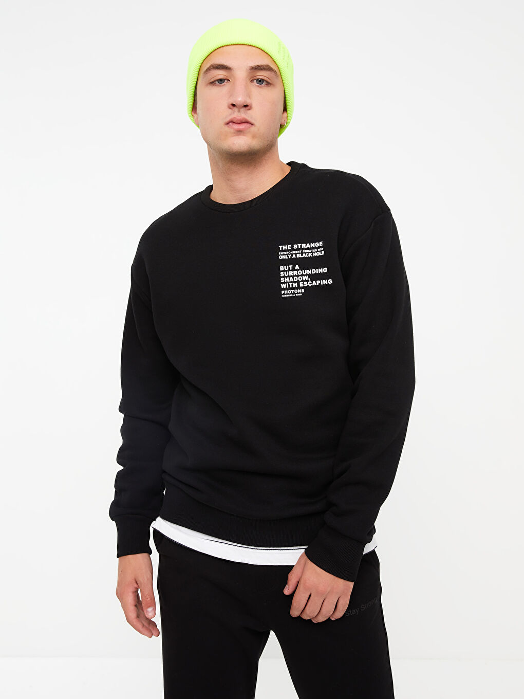 Siyah Bisiklet Yaka Baskılı Erkek Kalın Sweatshirt