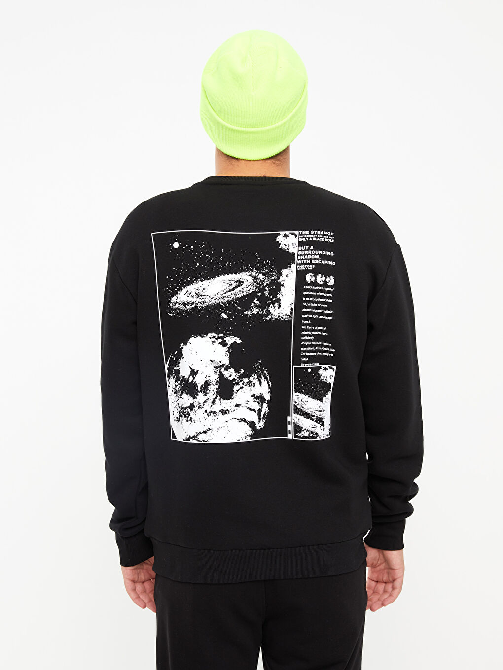 Siyah Bisiklet Yaka Baskılı Erkek Kalın Sweatshirt-3