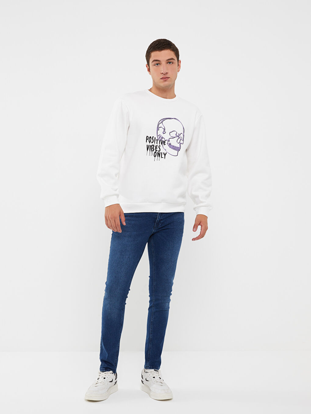 XSIDE Kırık Beyaz Bisiklet Yaka Uzun Kollu Erkek Sweatshirt - 1