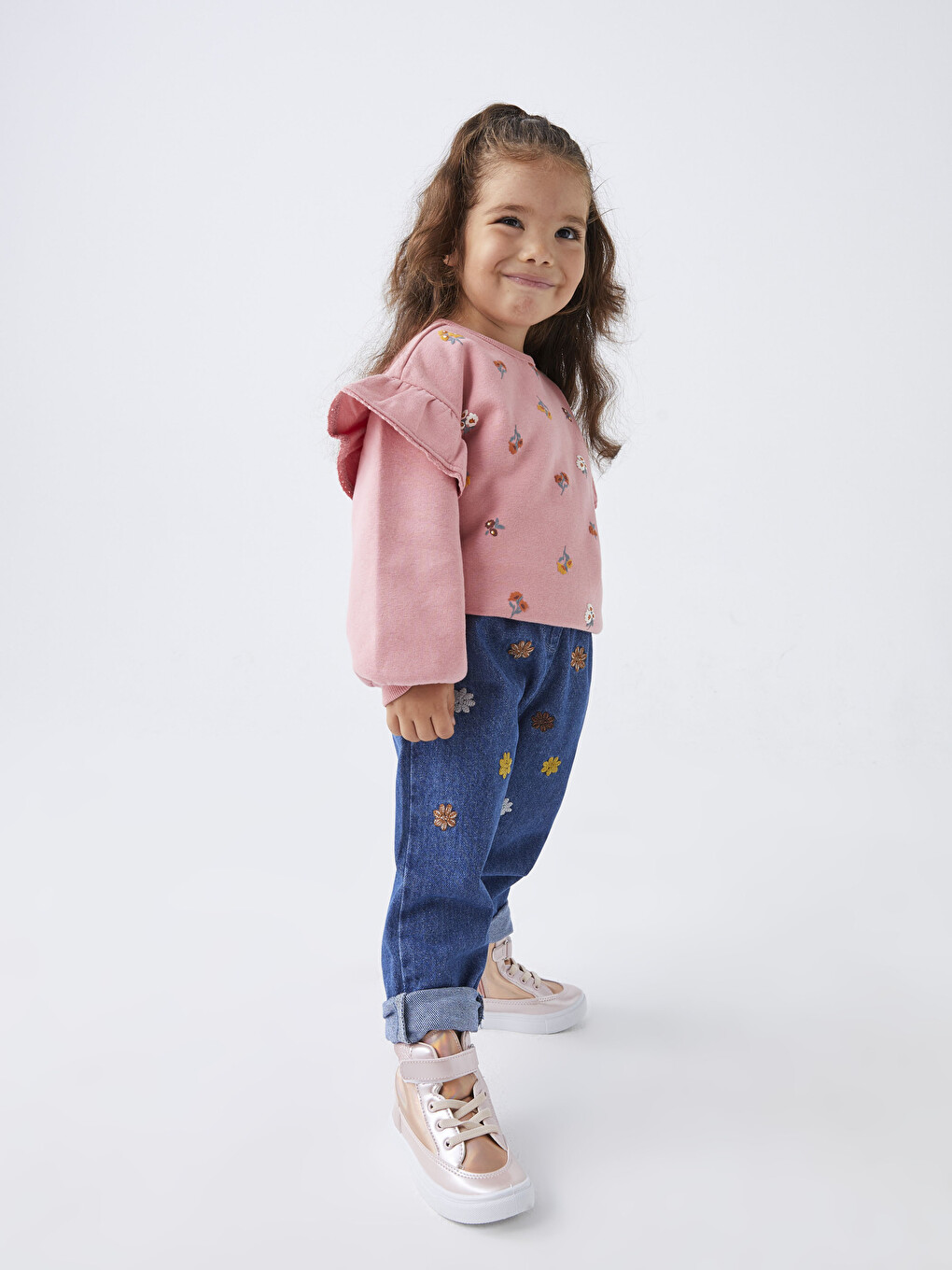 İndigo Beli Lastikli Nakış Detaylı Kız Bebek Jean Pantolon-1