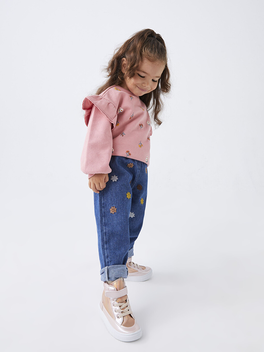 İndigo Beli Lastikli Nakış Detaylı Kız Bebek Jean Pantolon-2