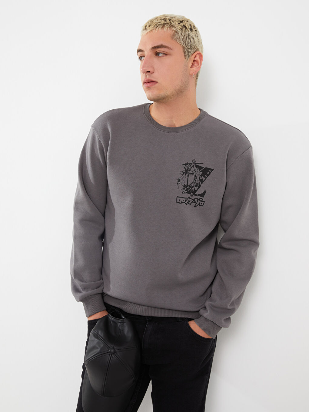 Antrasit Bisiklet Yaka Uzun Kollu One Piece Baskılı Erkek Kalın Sweatshirt