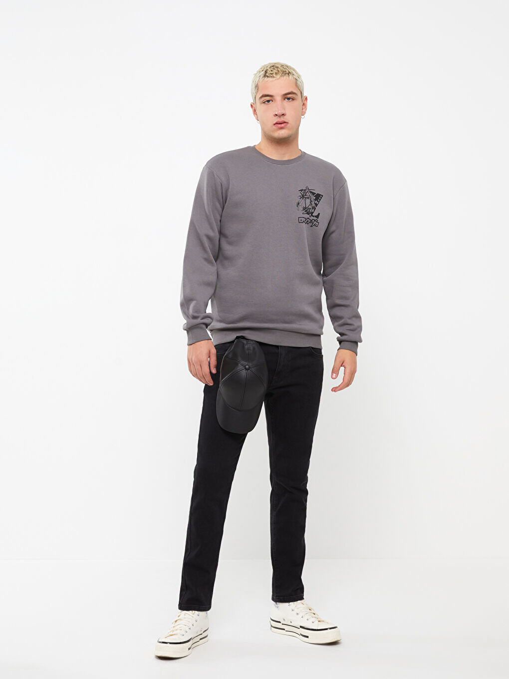 Antrasit Bisiklet Yaka Uzun Kollu One Piece Baskılı Erkek Kalın Sweatshirt-1