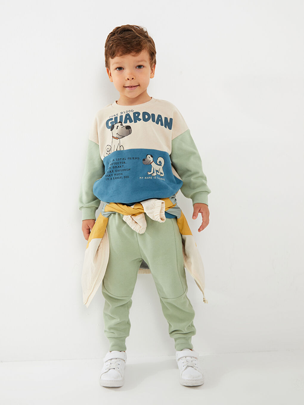 Bej Bisiklet Yaka Uzun Kollu Baskılı Organik Pamuklu Erkek Bebek Sweasthirt ve Eşofman Alt 2'li Takım-1