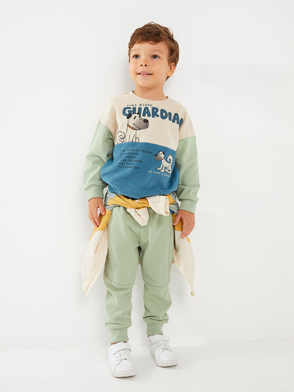 Bej Bisiklet Yaka Uzun Kollu Baskılı Organik Pamuklu Erkek Bebek Sweasthirt ve Eşofman Alt 2'li Takım-2