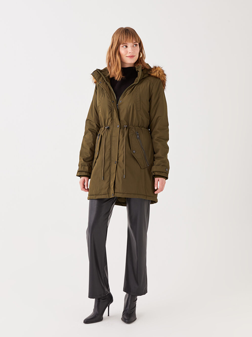 Haki Kadın Kapüşonlu Düz Parka-1