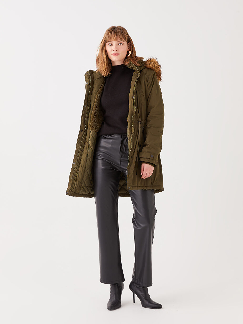 Haki Kadın Kapüşonlu Düz Parka-2