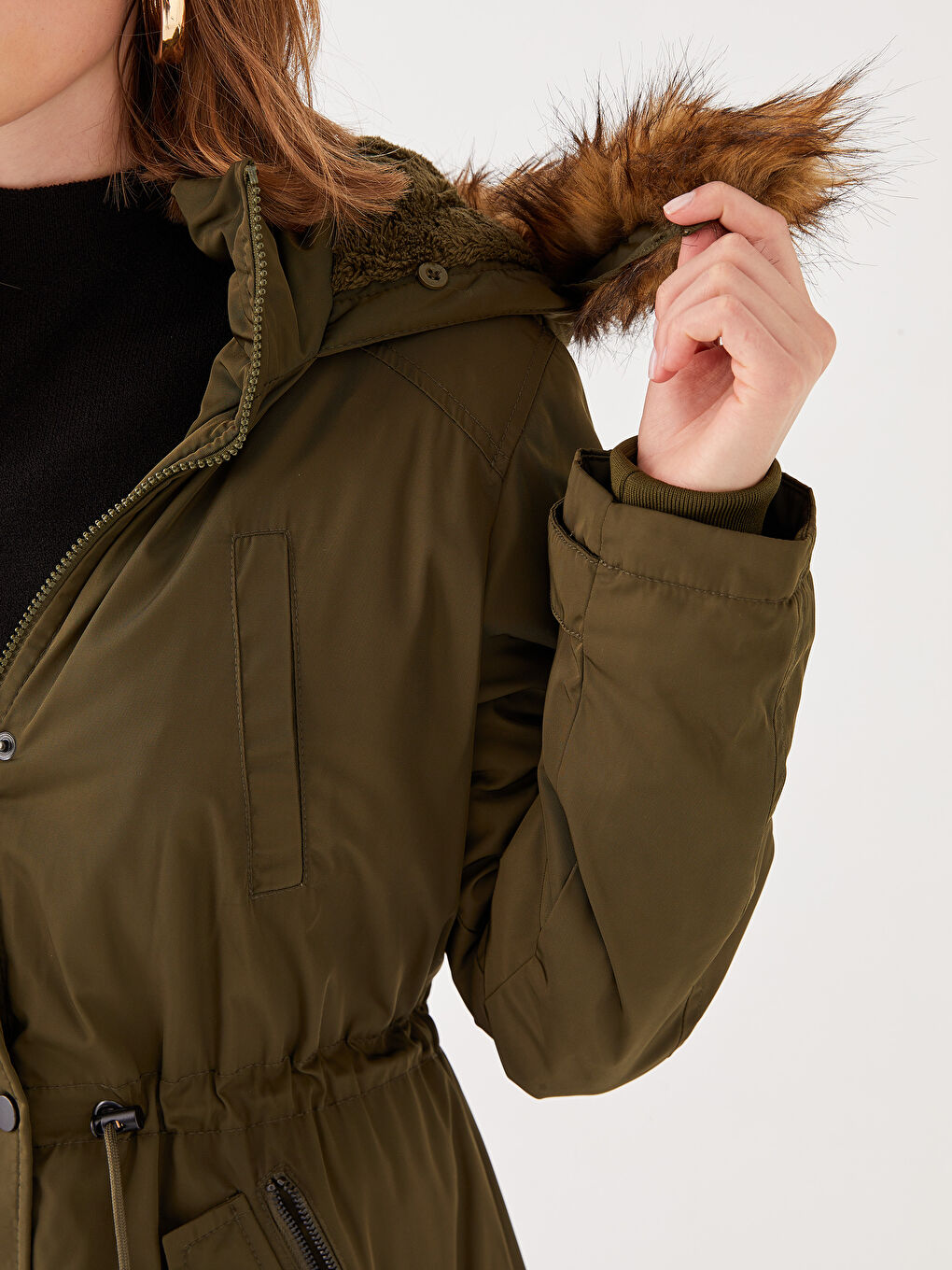 Haki Kadın Kapüşonlu Düz Parka-4