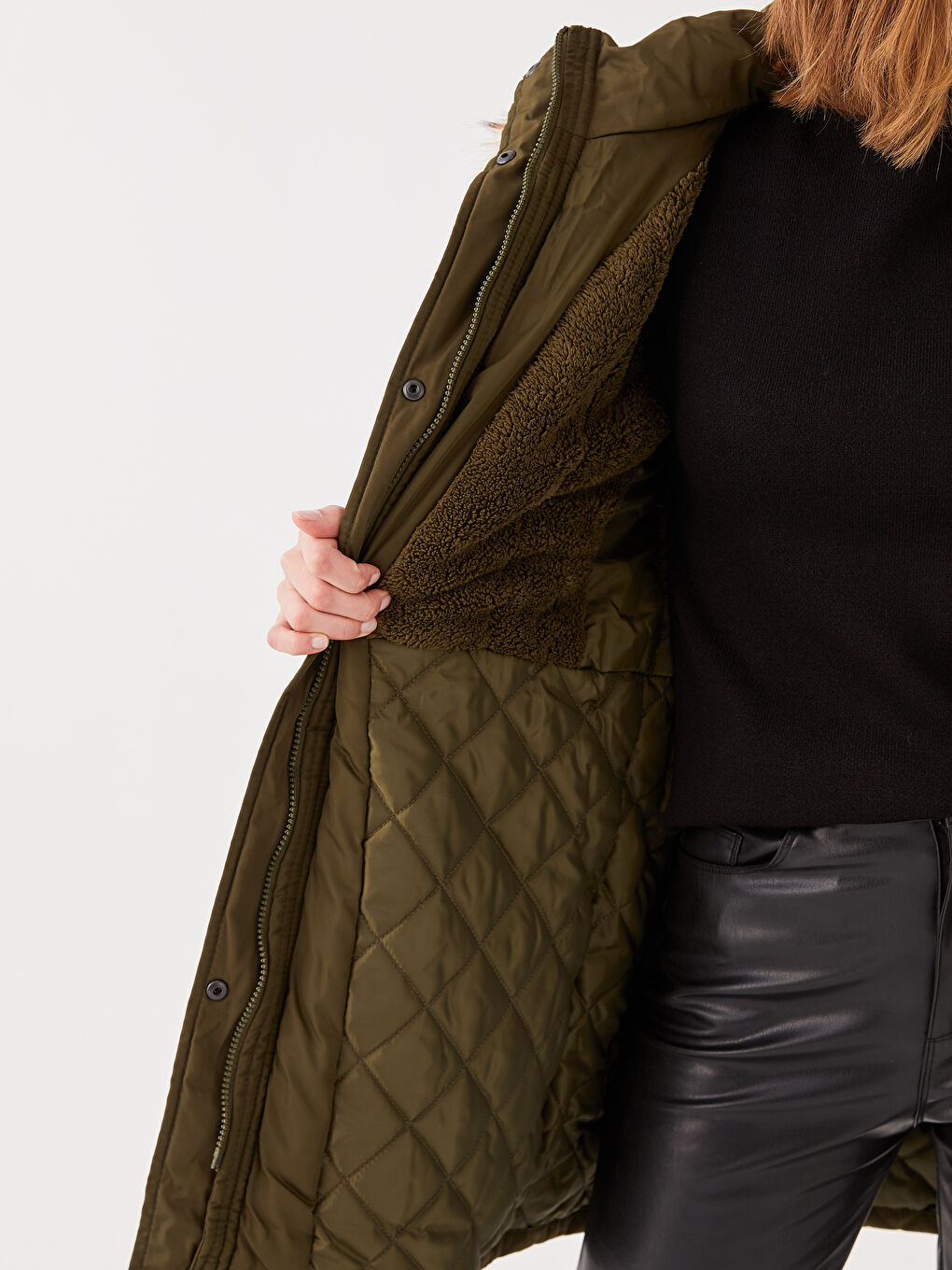 Haki Kadın Kapüşonlu Düz Parka-5