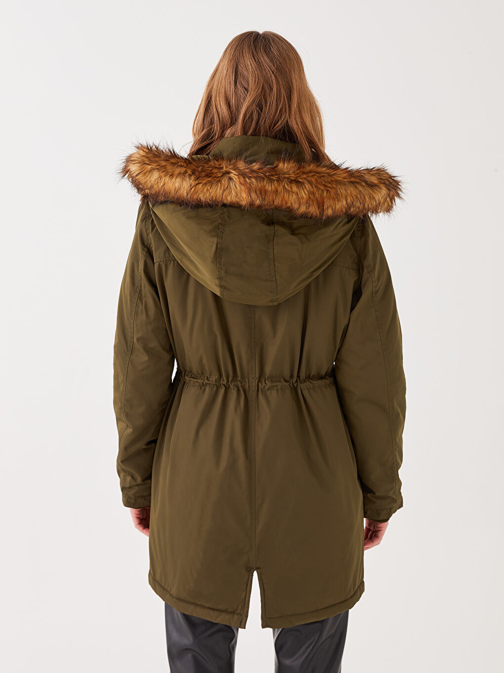 Haki Kadın Kapüşonlu Düz Parka-6