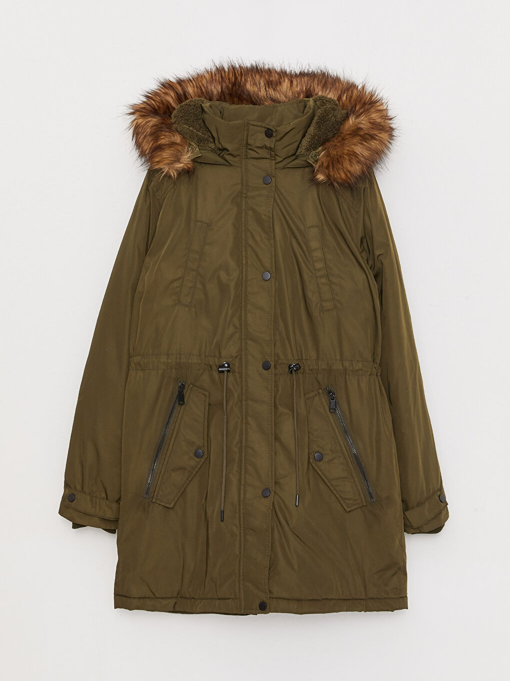 Haki Kadın Kapüşonlu Düz Parka-7