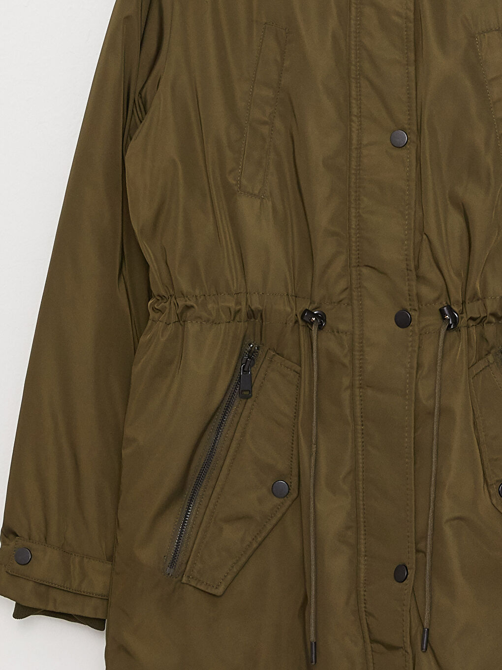 Haki Kadın Kapüşonlu Düz Parka-10