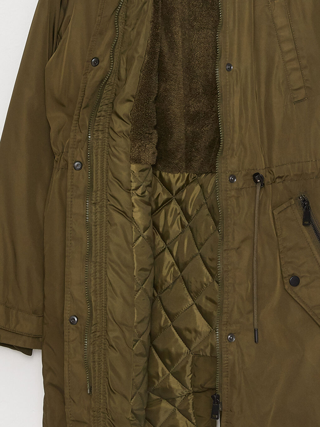 Haki Kadın Kapüşonlu Düz Parka-11