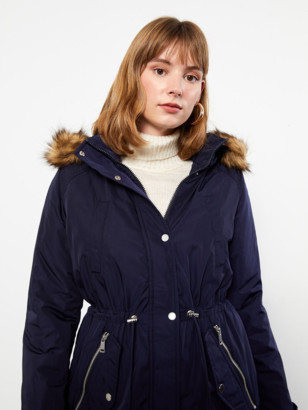 Lacivert Kadın Kapüşonlu Düz Parka-1