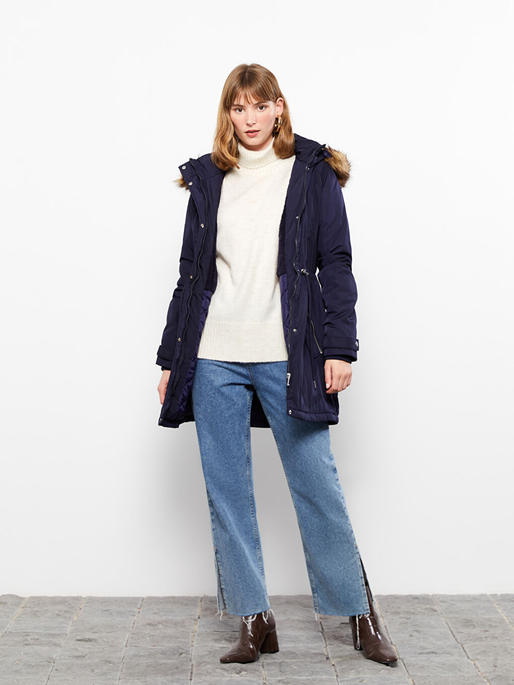 Lacivert Kadın Kapüşonlu Düz Parka-2