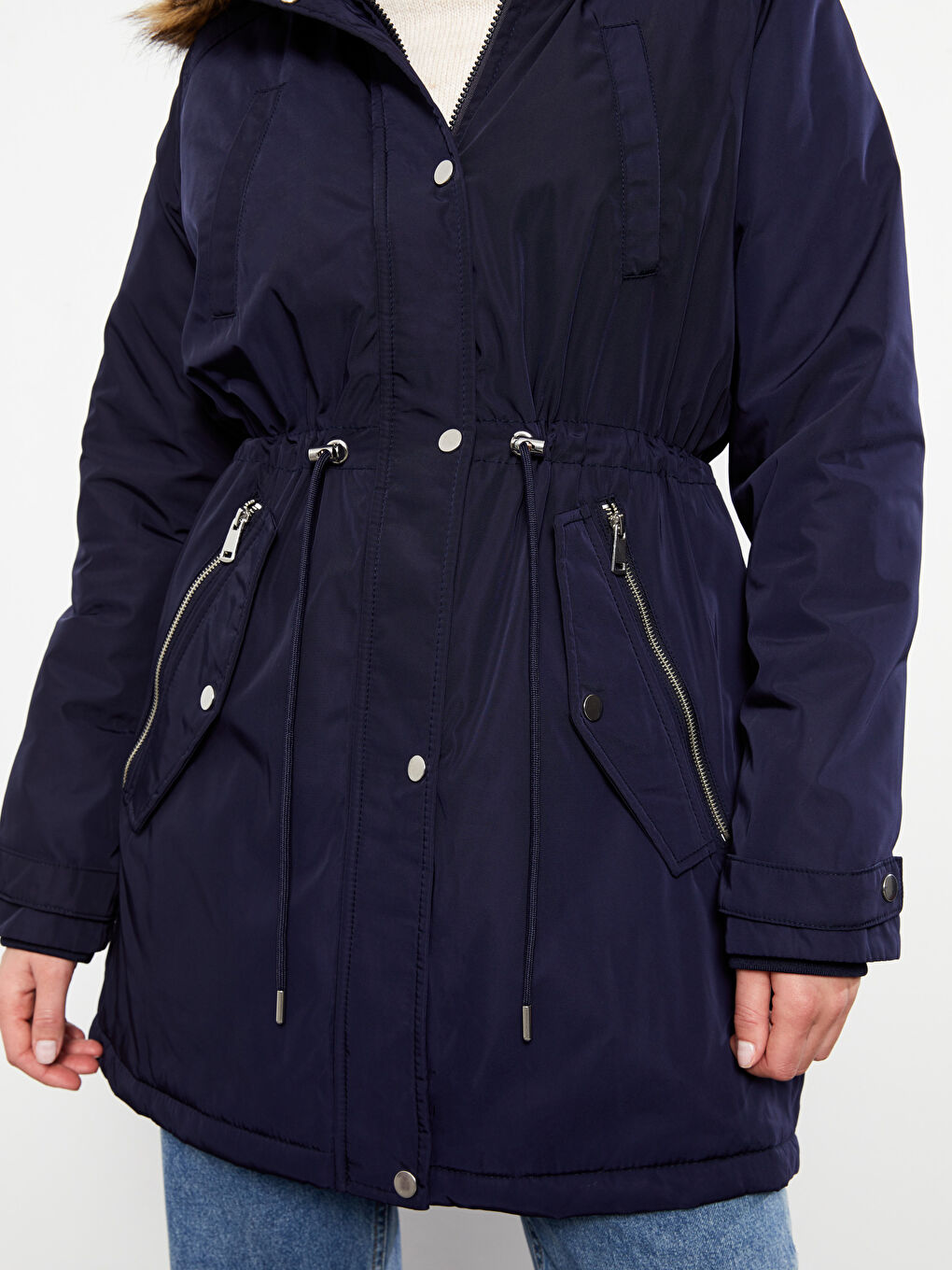 Lacivert Kadın Kapüşonlu Düz Parka-4