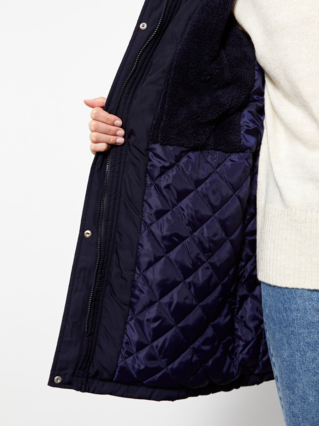 Lacivert Kadın Kapüşonlu Düz Parka-5