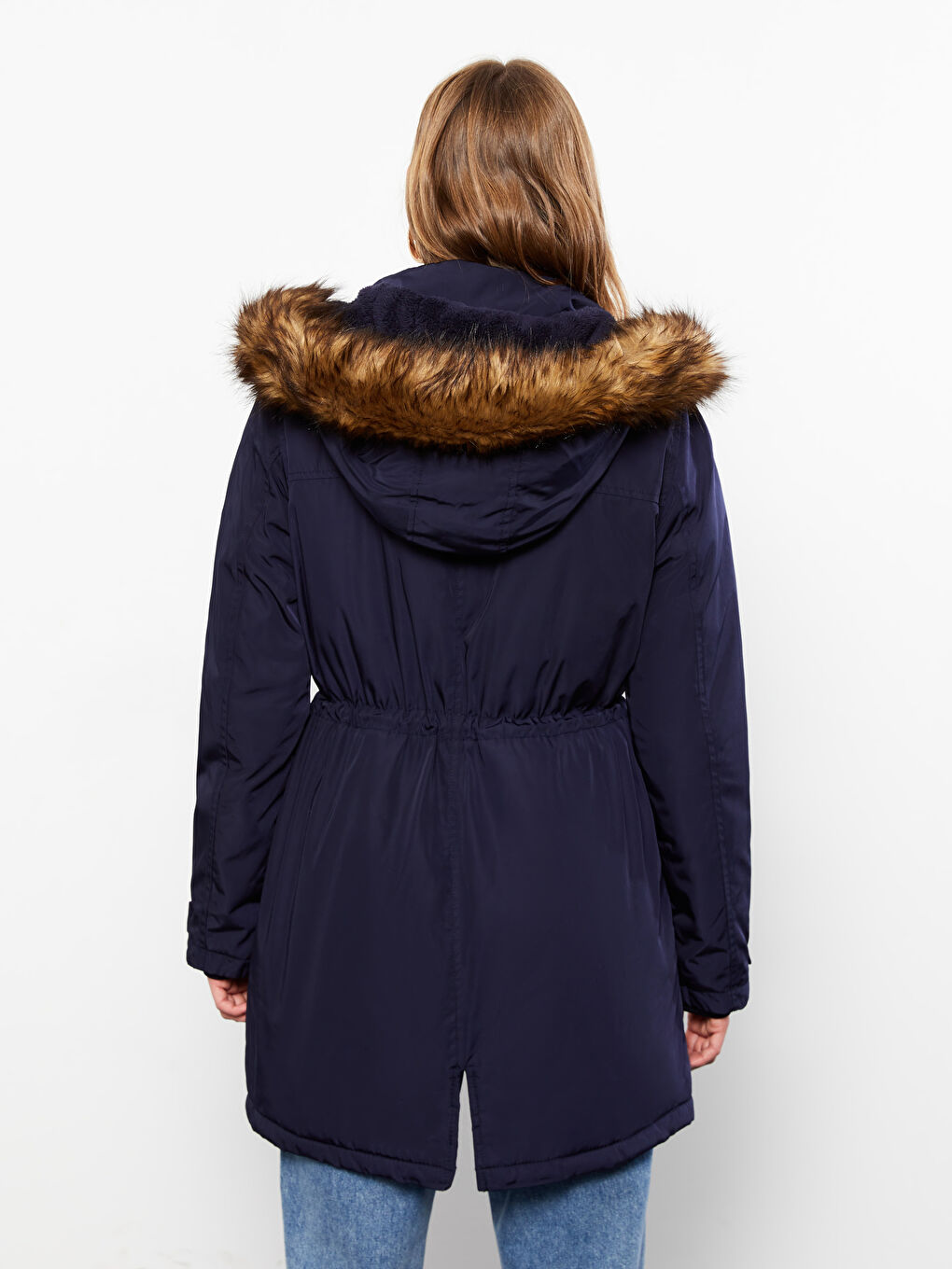 Lacivert Kadın Kapüşonlu Düz Parka-6