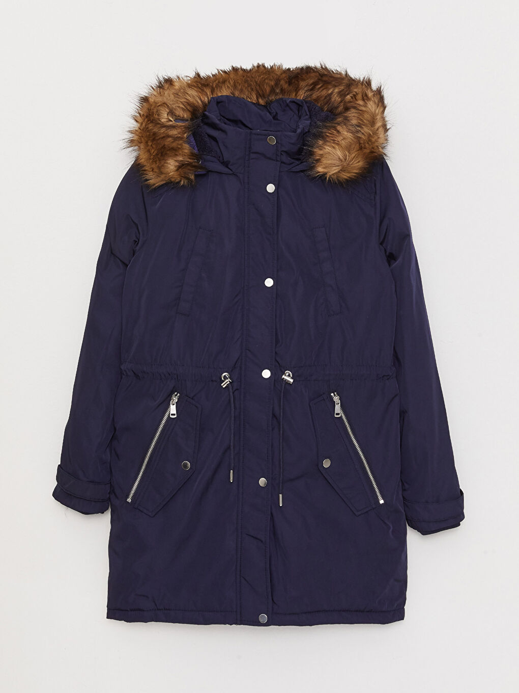 Lacivert Kadın Kapüşonlu Düz Parka-7