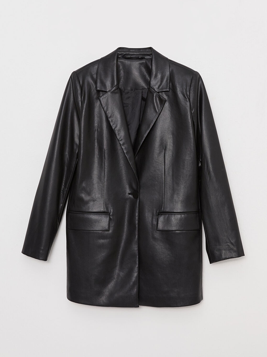 Siyah Düz Uzun Kollu Deri Görünümlü Kadın Blazer Ceket-10