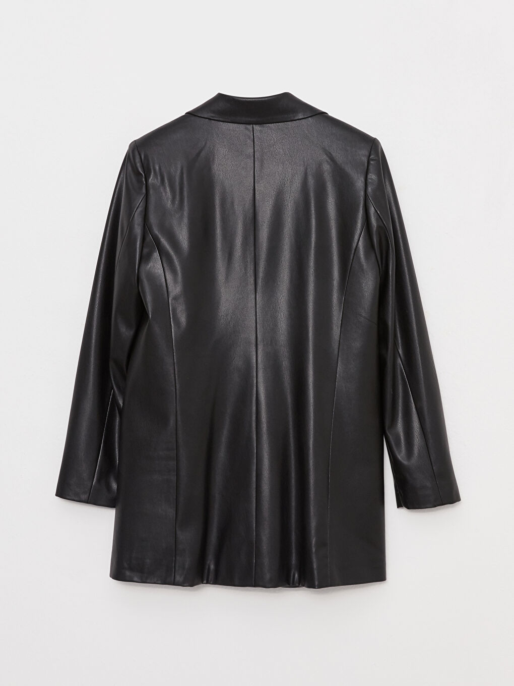 Siyah Düz Uzun Kollu Deri Görünümlü Kadın Blazer Ceket-11