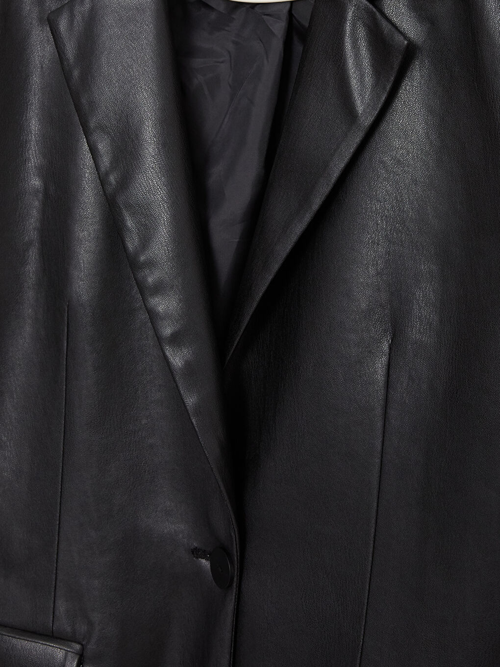 Siyah Düz Uzun Kollu Deri Görünümlü Kadın Blazer Ceket-12