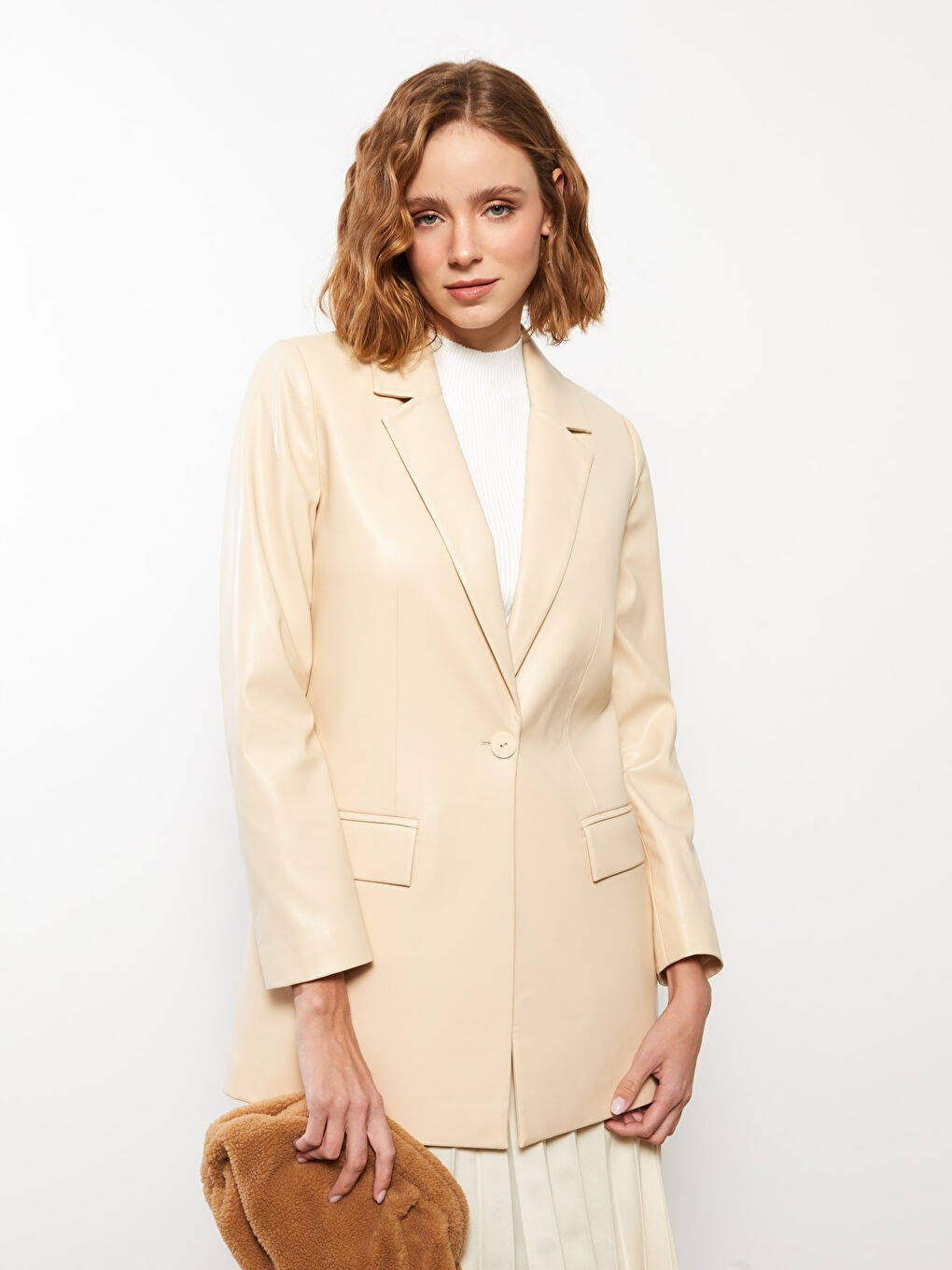 Plain Long Sleeve Faux Leather Women's Blazer Jacket