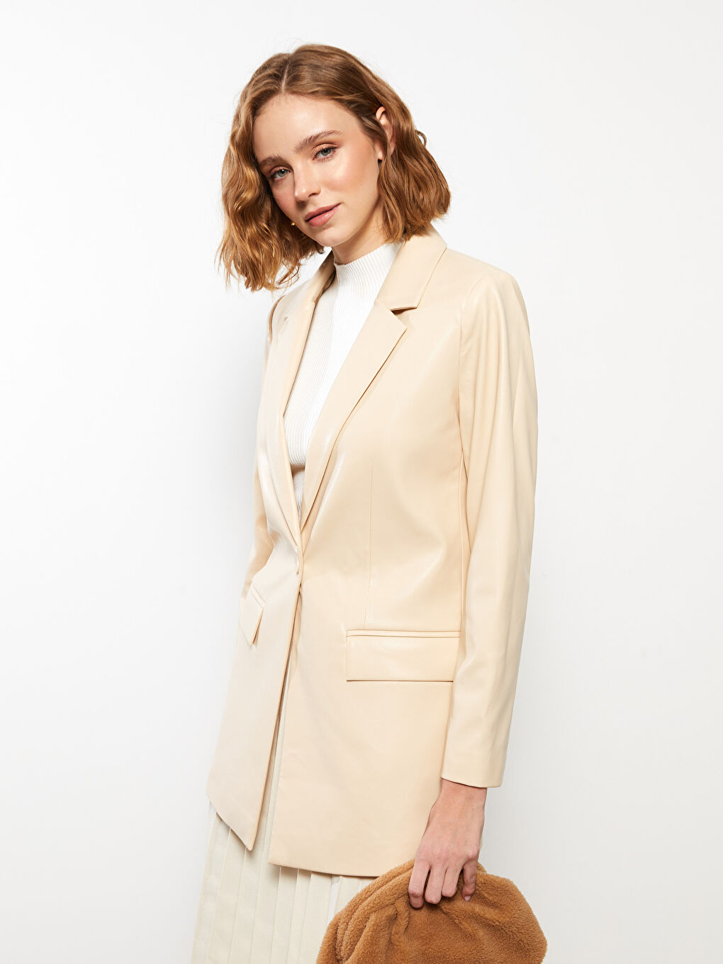 Plain Long Sleeve Faux Leather Women's Blazer Jacket-2