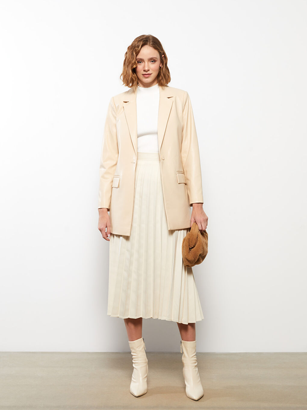 Plain Long Sleeve Faux Leather Women's Blazer Jacket-4