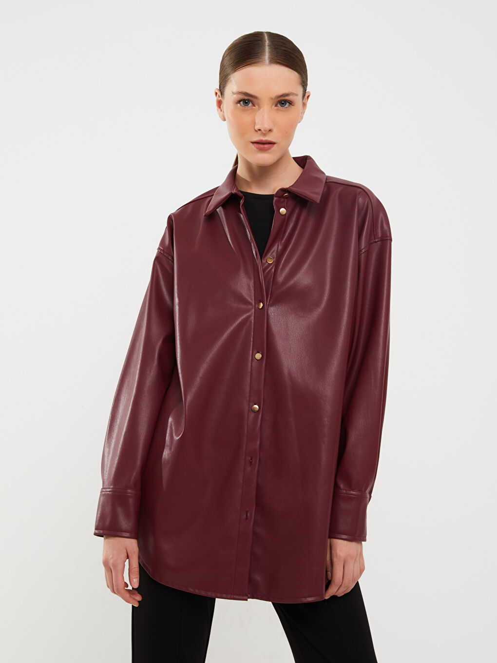 Plain Long Sleeve Leather Look Women's Shirt Tunic-1