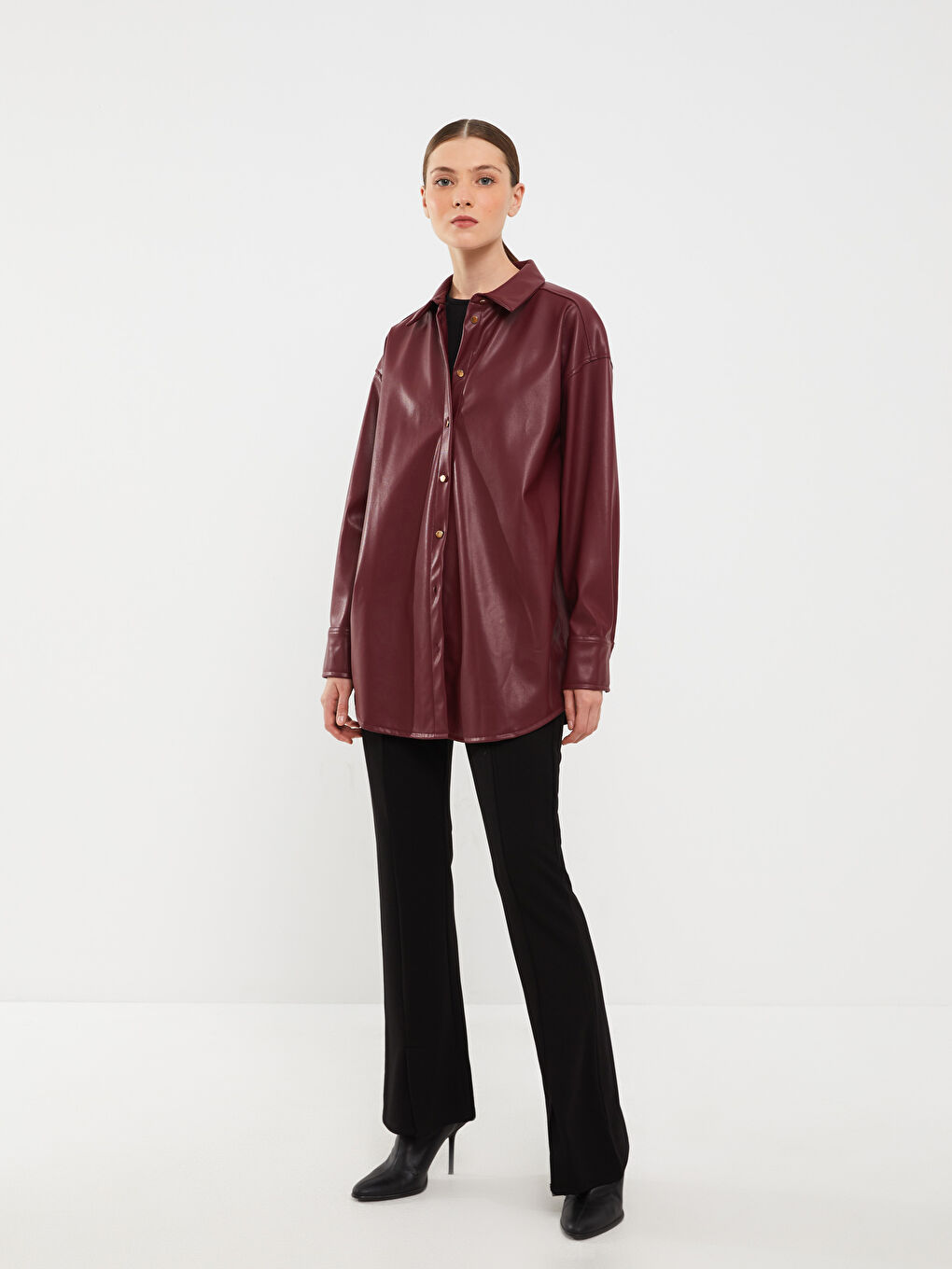 Plain Long Sleeve Leather Look Women's Shirt Tunic-2