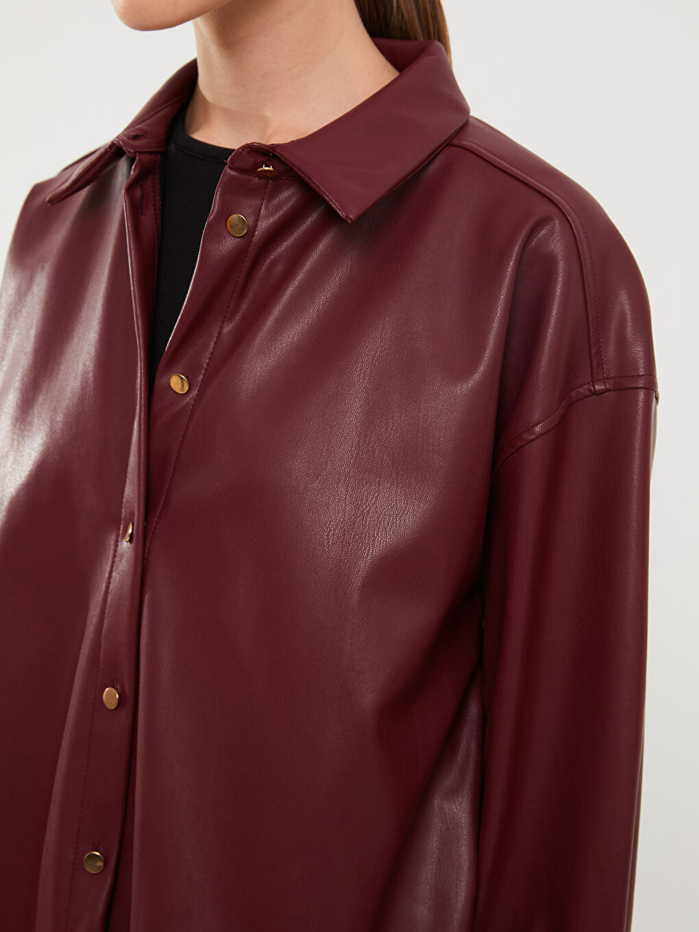 Plain Long Sleeve Leather Look Women's Shirt Tunic-3