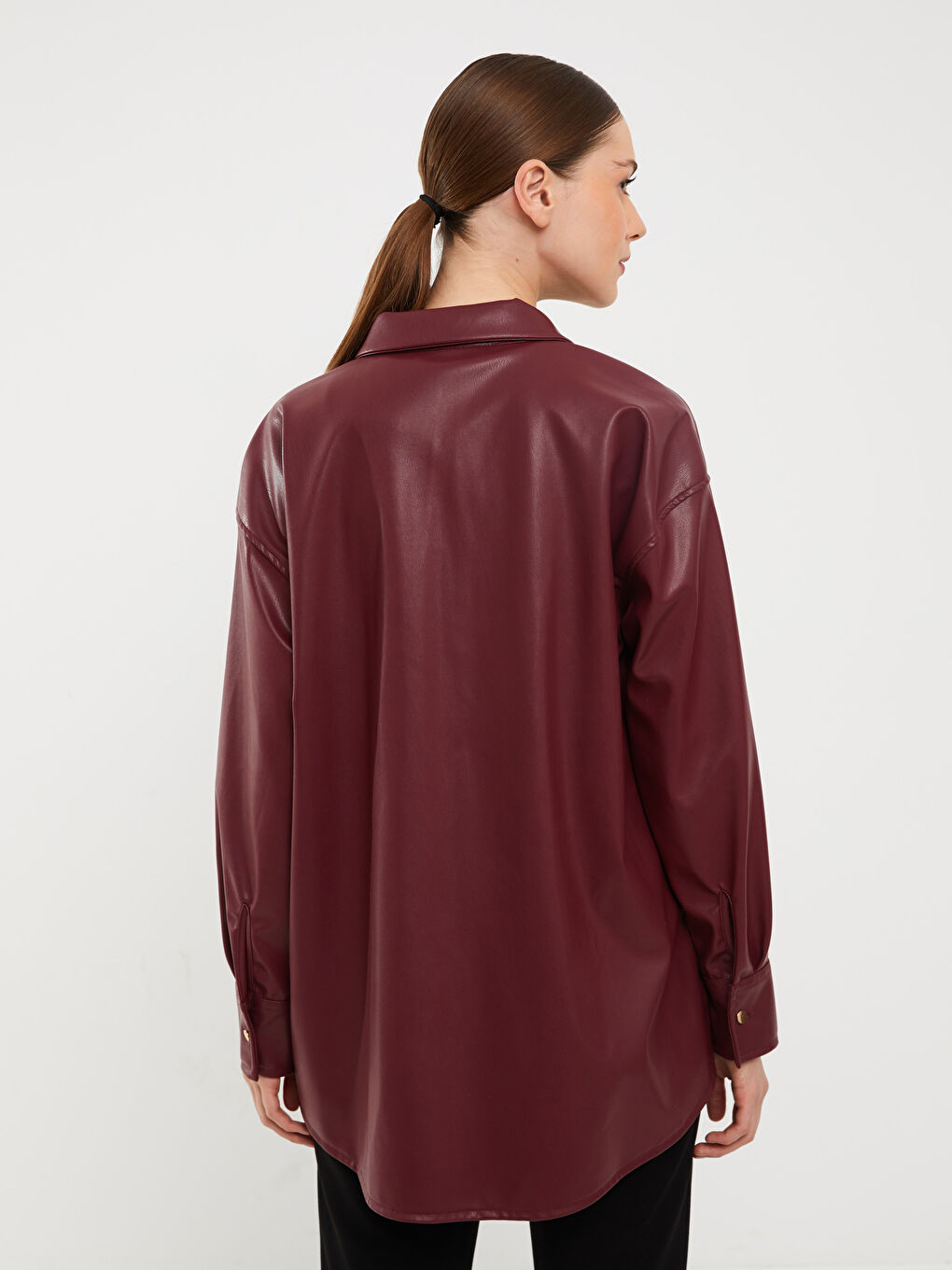 Plain Long Sleeve Leather Look Women's Shirt Tunic-4