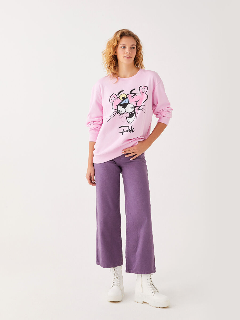 Bisiklet Yaka Pembe Panter Baskılı Kadın Kalın Sweatshirt-2