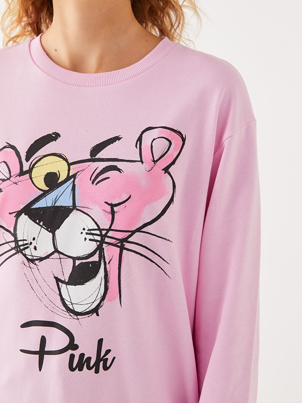 Bisiklet Yaka Pembe Panter Baskılı Kadın Kalın Sweatshirt-3