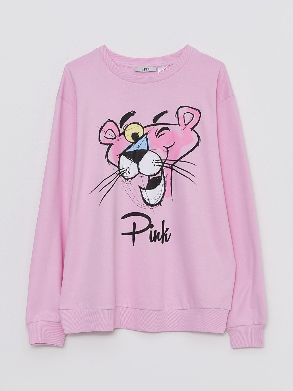 Bisiklet Yaka Pembe Panter Baskılı Kadın Kalın Sweatshirt-5