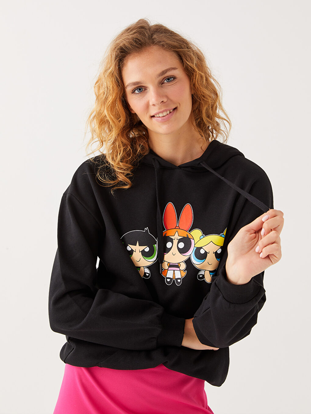 Siyah Kapüşonlu Powerpuff Girls Baskılı Kadın Kalın Sweatshirt-2