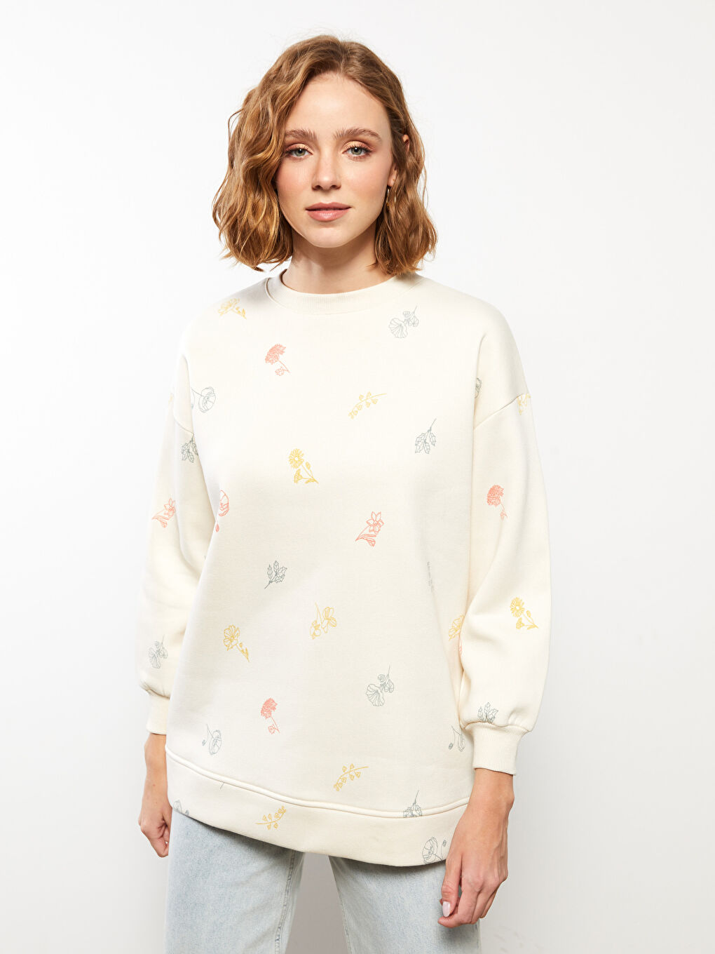 Crew Neck Self Patterned Women's Thick Sweatshirt Tunic-1