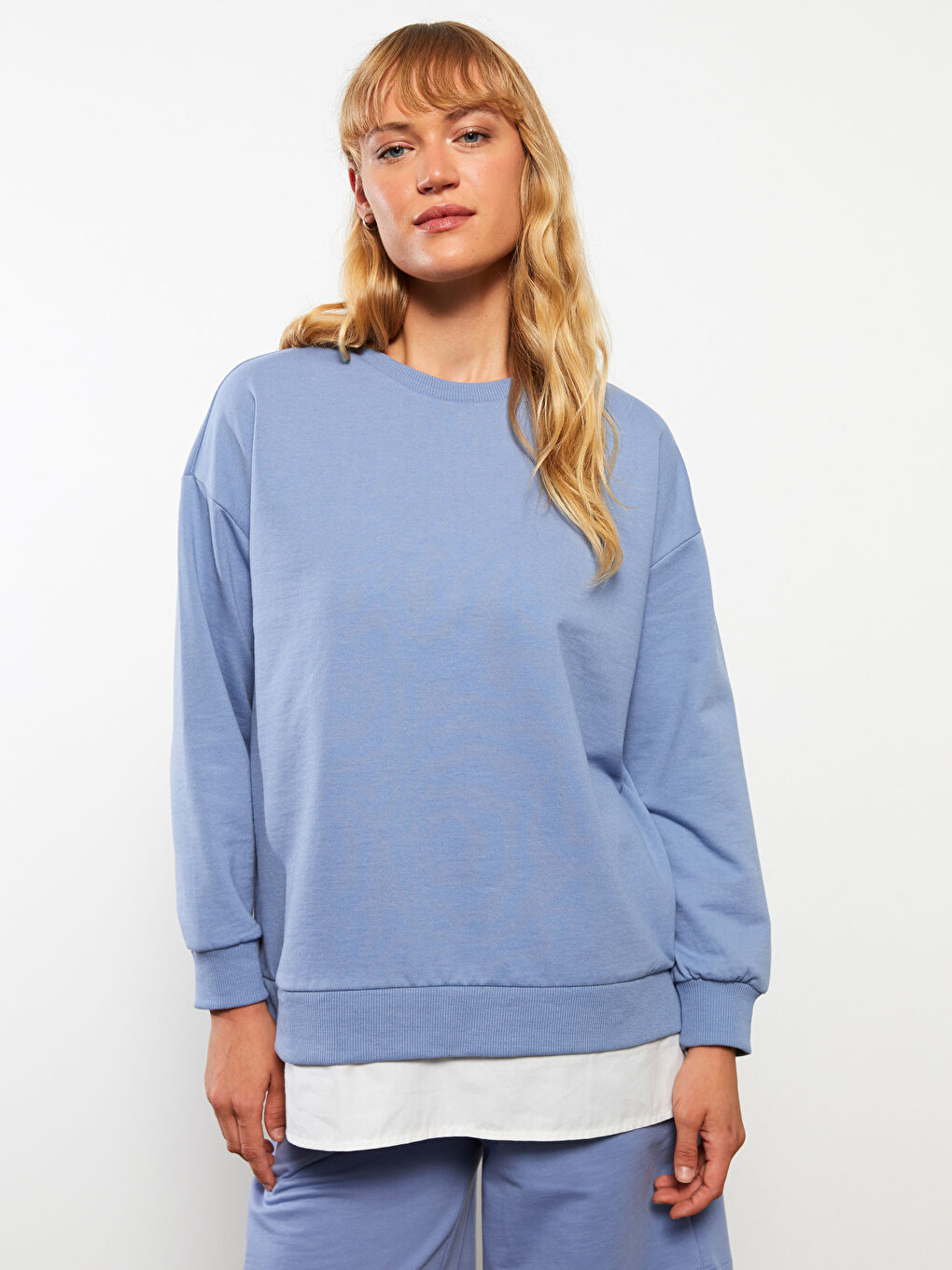 LCWAIKIKI Basic Mat Mavi Bisiklet Yaka Oversize Kadın Sweatshirt - 2