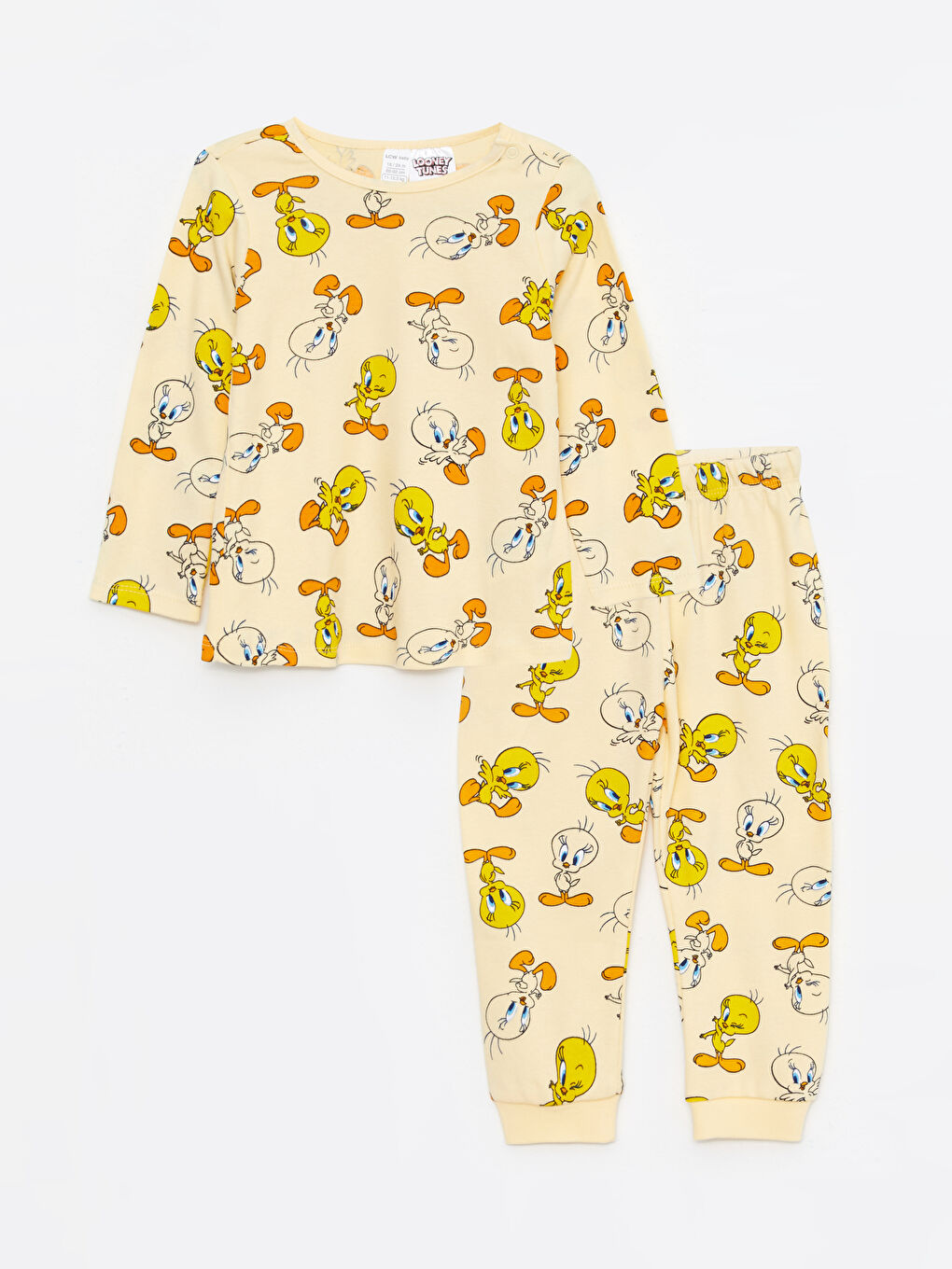 LCW baby Sarı Baskılı Bisiklet Yaka Uzun Kollu Looney Tunes Baskılı Kız Bebek Pijama Takımı