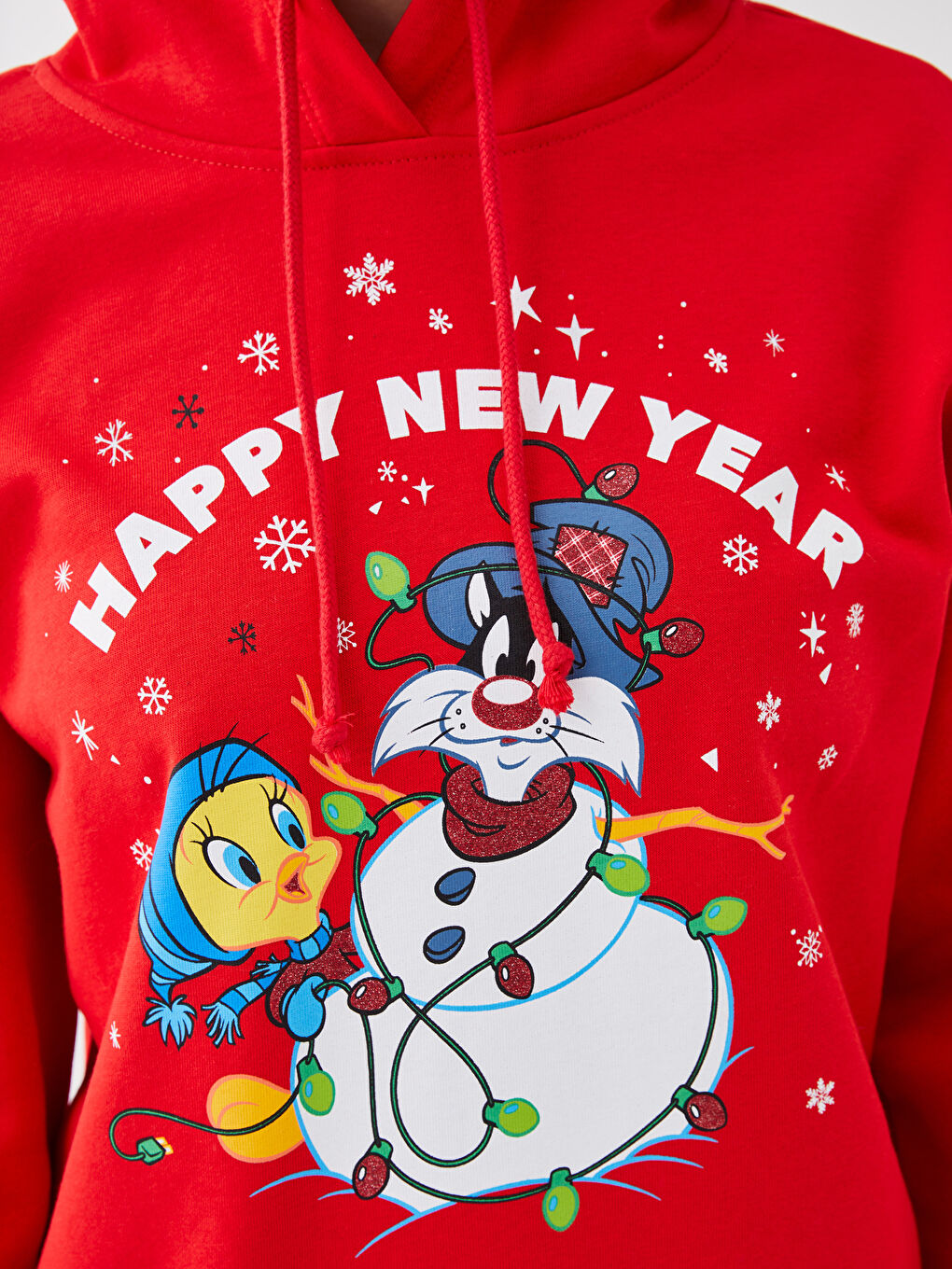 LCW Vision Canlı Kırmızı Yılbaşı Temalı Sylvester ve Tweety Baskılı Kadın Kalın Hoodie - 3