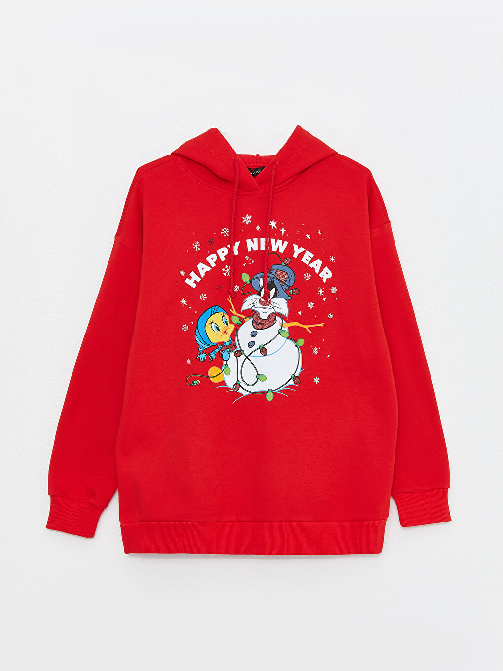 LCW Vision Canlı Kırmızı Yılbaşı Temalı Sylvester ve Tweety Baskılı Kadın Kalın Hoodie - 5